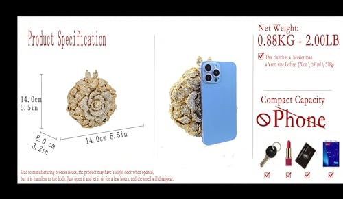 Boutique De FGG حقيبة كلاتش كريستال زهور وردية دائرية من بوتيك دي إف جي للنساء حقائب رسمية لسهرة الزفاف حقائب يد للحفلات، صغيرة، ذهبية - Image 3