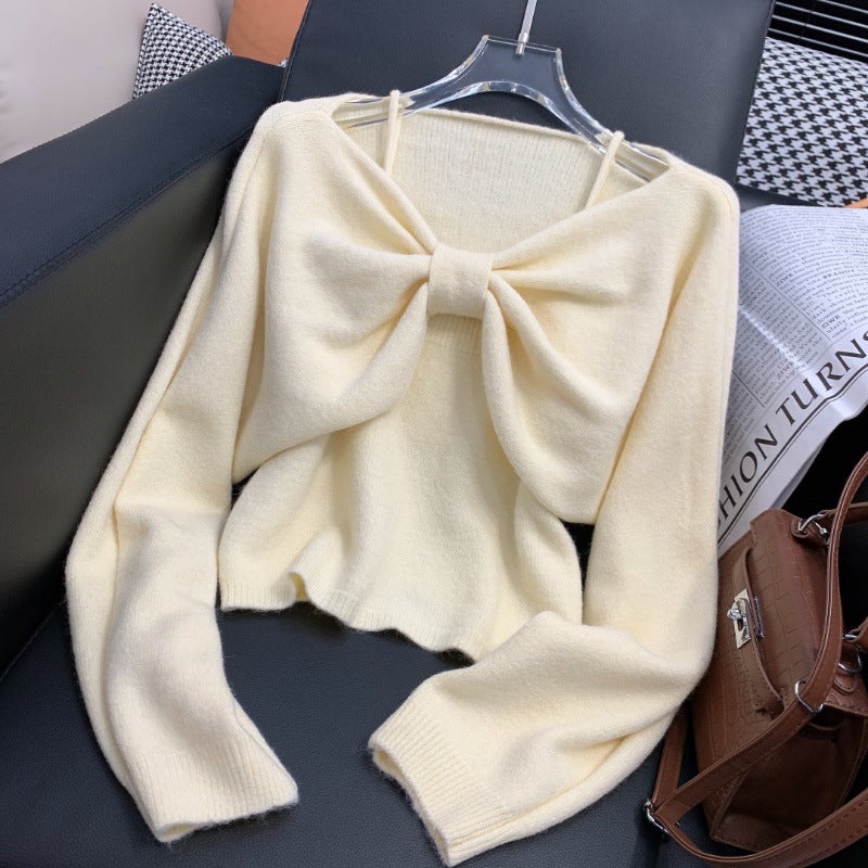 Sweater suit Womens Two-Piece Set 2024 Spring New Camisole Bow Long Sleeve Knitted Shirt Short Top creamy-white two-piece set