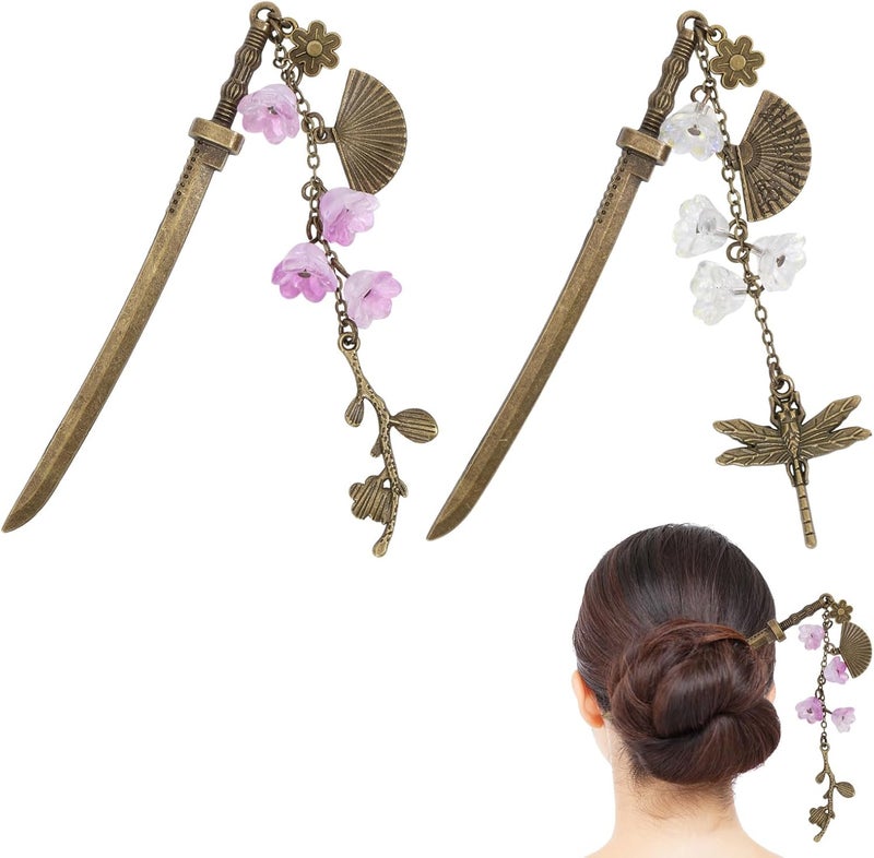 CHGCRAFT 2 Pcs Japanese Hair sticks Alloy Hairstyle Sticks Hair Chopsticks for Women Alloy Hair Pins with Tassel Hairstyle Accessories