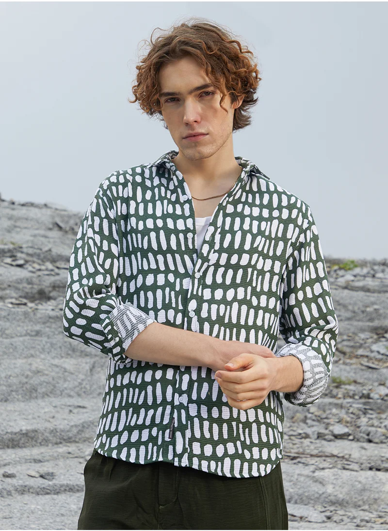 Campus Sutra Men's Army Green Gravel Woven Shirt