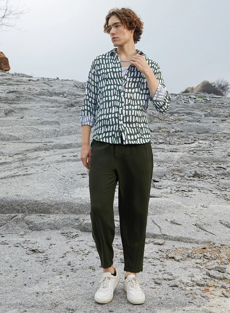 Campus Sutra Men's Army Green Gravel Woven Shirt