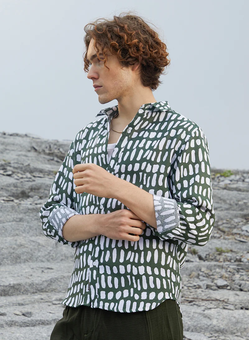 Campus Sutra Men's Army Green Gravel Woven Shirt