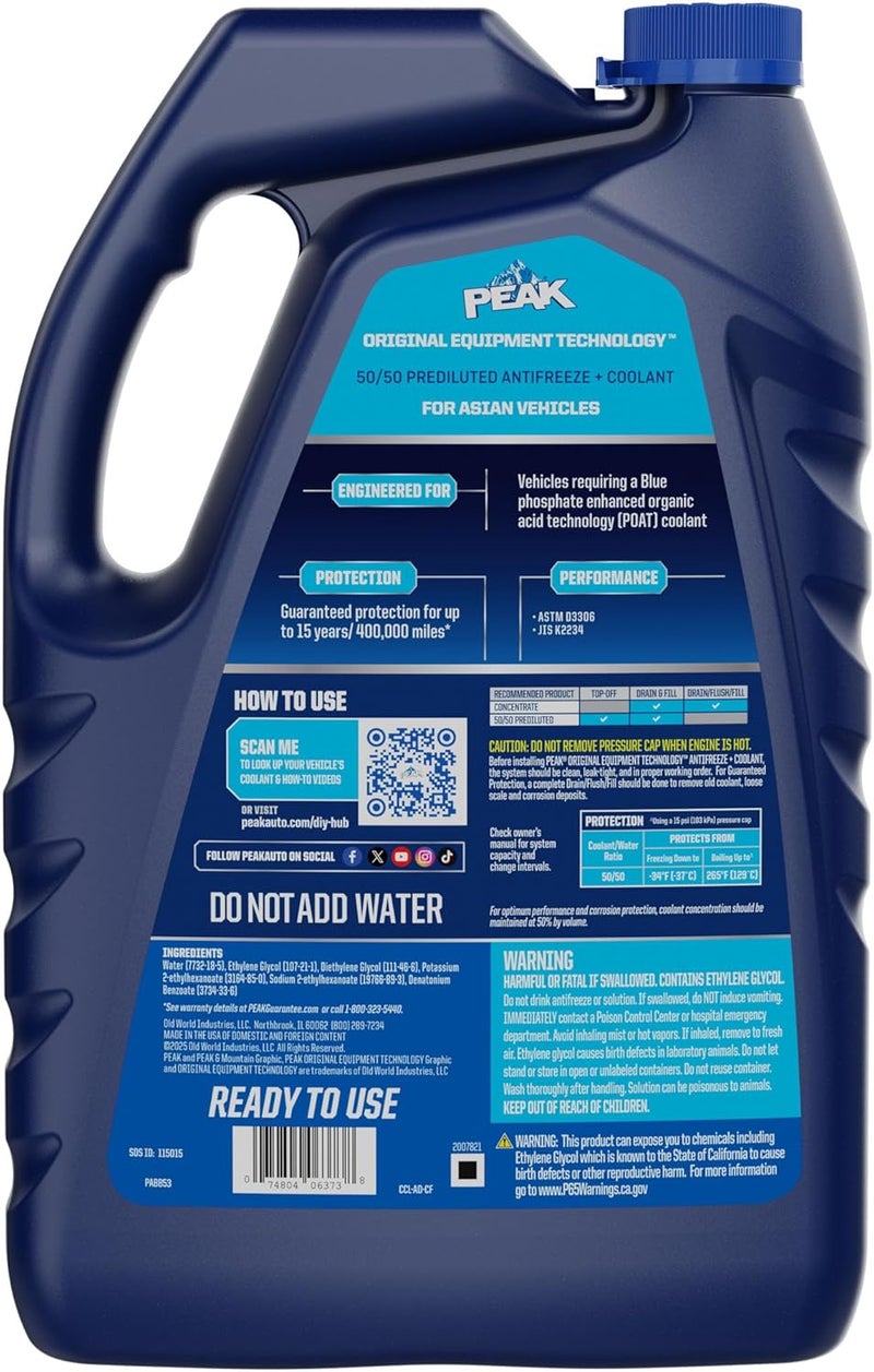 PEAK سائل تبريد مضاد للتجمد PEAK OET للحياة الممتدة باللون الأزرق 5050 للسيارات الآسيوية 1 جالون - Image 2