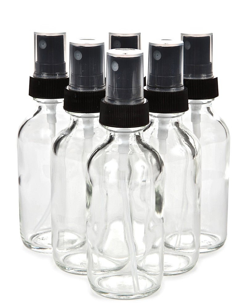Vivaplex, 6, Clear, 2 oz Glass Bottles, with Black Fine Mist Sprayers - Image 1