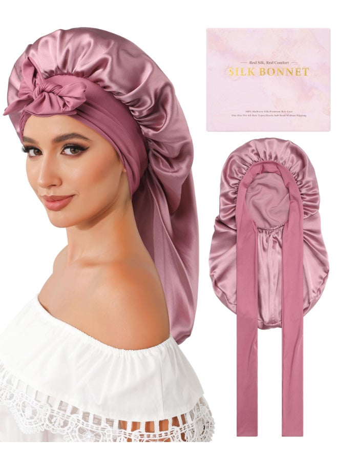 AWAYTR Silk Bonnet for Long Hair 100 Mulberry Silk Bonnet for Sleeping Women or Kids with Adjustable Elastic Band Rose Gold - Image 2