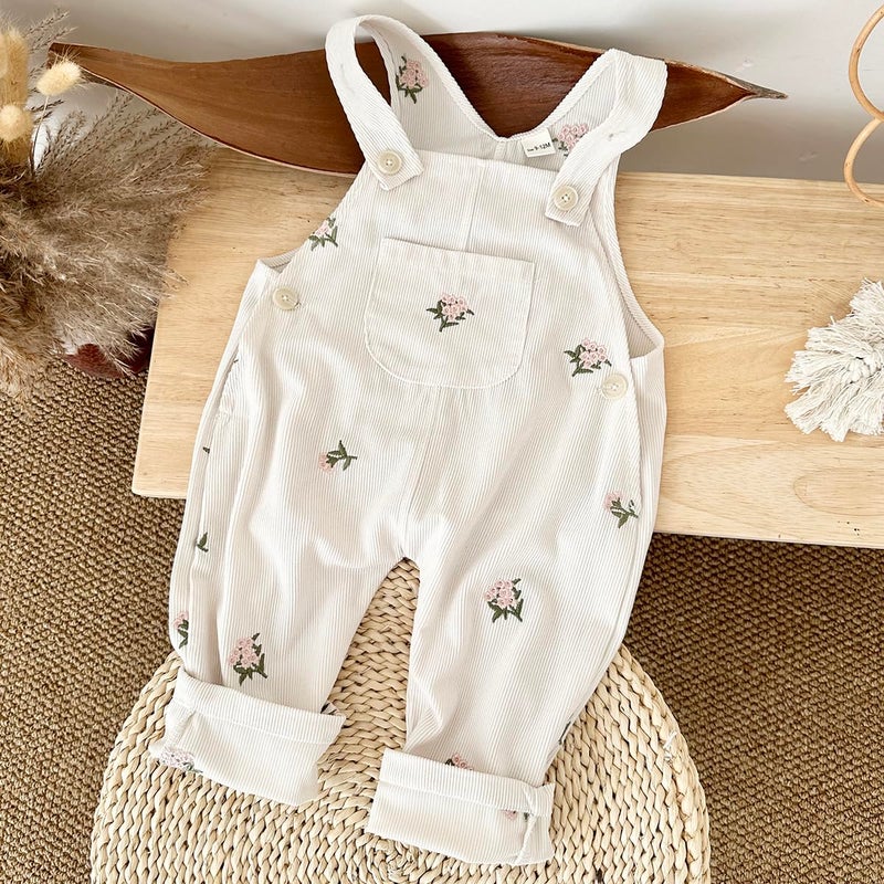 Korago Baby Girl Overalls Corduroy with Floral Embroidery,Beige Toddler Jumpsuit Romper,Soft Overall for Girls (6 Months-3T) (US, Age, 24 Months, Beige) - Image 2