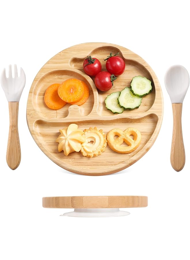 KASTWAVE Suction Plates For Baby & Toddler Bamboo Divided Platter Feeding Dishes With Silicone Fork& Spoon All Natural Baby Food Plate Stays For Baby Led Weaning Non Slip Design - Image 1