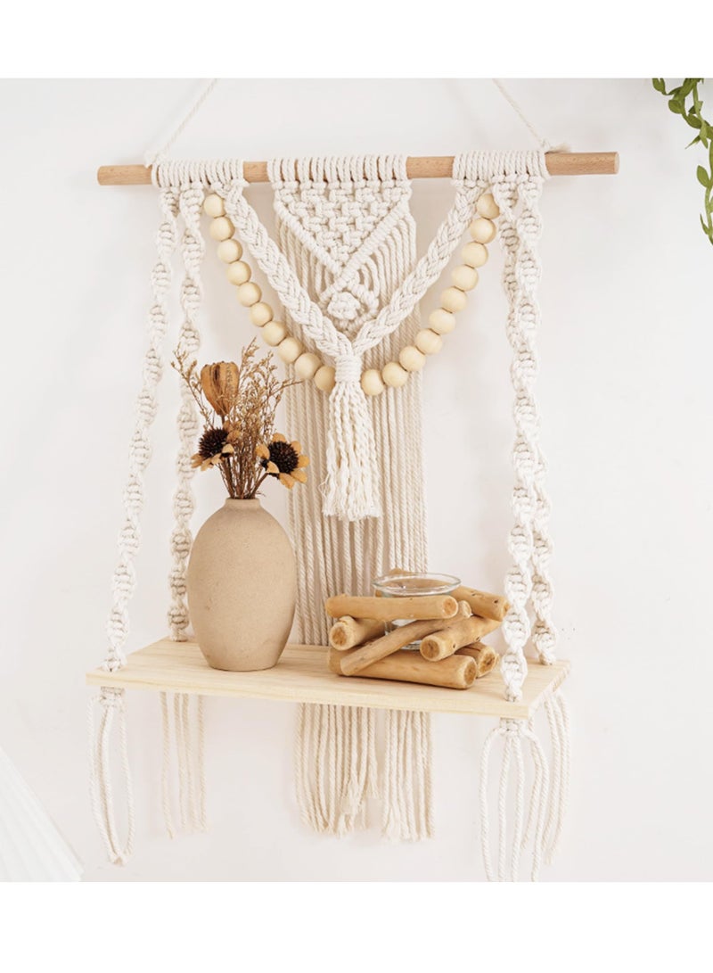 Handmade Macrame Wall Shelf, Boho Floating Decor for Bedroom Living Room Nursery Bathroom, Woven Rope Organizer for Photos and Plants - Image 1