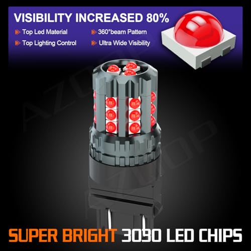 AZQOP 3157 3047R LED Brake/Tail Light Bulbs For Chevy Silverado/GMC Sierra 1500 2500 3500 1999-2001 2002 2003 2004 2005 2006 2007 2008 2009 2010 2011 2012 2013, 300% Brightness, Red Rear Stop Lights, 2PCS - Image 3