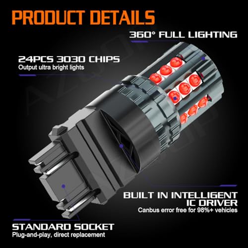 AZQOP 3157 3047R LED Brake/Tail Light Bulbs For Chevy Silverado/GMC Sierra 1500 2500 3500 1999-2001 2002 2003 2004 2005 2006 2007 2008 2009 2010 2011 2012 2013, 300% Brightness, Red Rear Stop Lights, 2PCS - Image 2