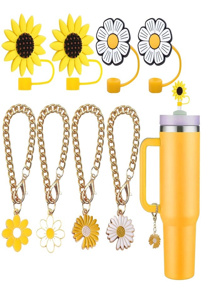 KWOYOS Sunflower Drinking Straw Dispensers, Flower Straw Covers for Stanley Cup, Sunflower Straw Toppers Accessories for Tumblers, 4 Caps + 4 Charms - Image 1