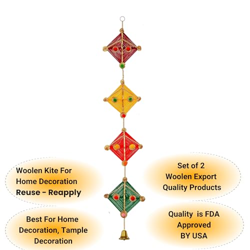 RR Crafts Woollen Handmade Colorful Kite Side Hanging Pack of 02, Decoration for Wall/Door Hanging Home Decor,14 Inch Each,Diwali Decoration,Haldi Decor,Ganpati Decor,Export Quality - Image 3