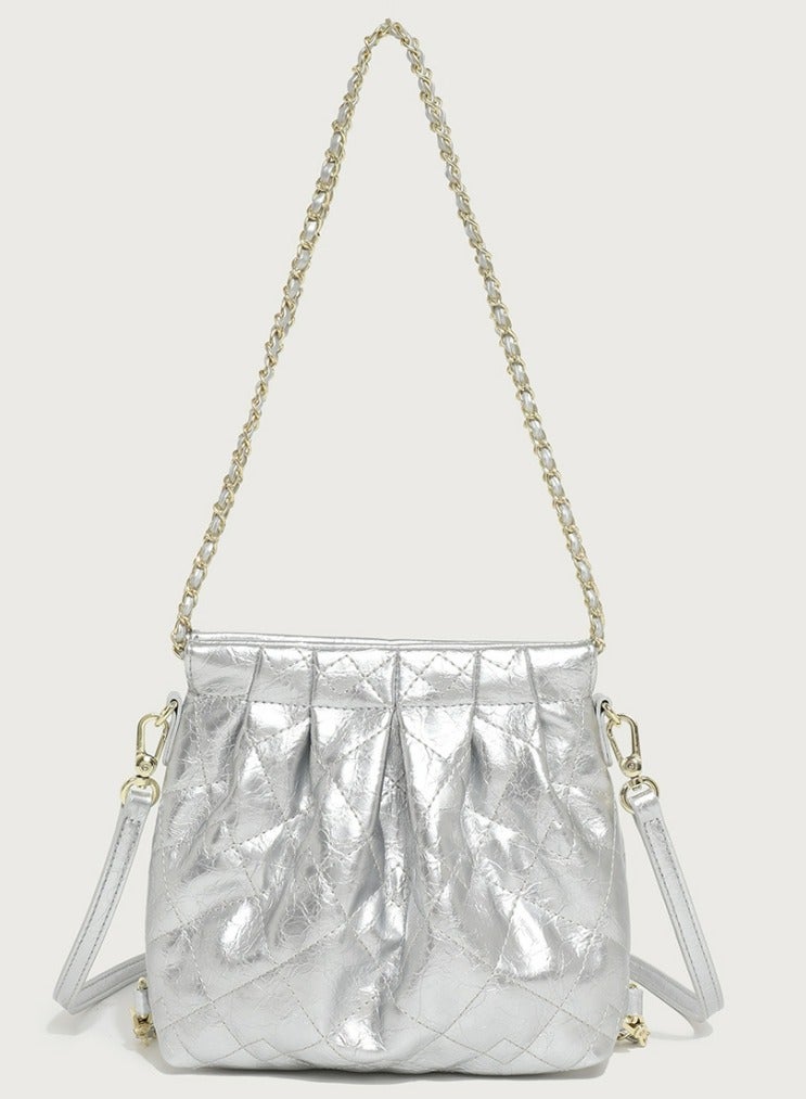 Loquat Small Bucket Bag for Women Simple Style Hobo Backpack Handbag Silver  - Image 1