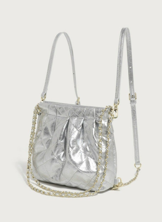 Loquat Small Bucket Bag for Women Simple Style Hobo Backpack Handbag Silver  - Image 2