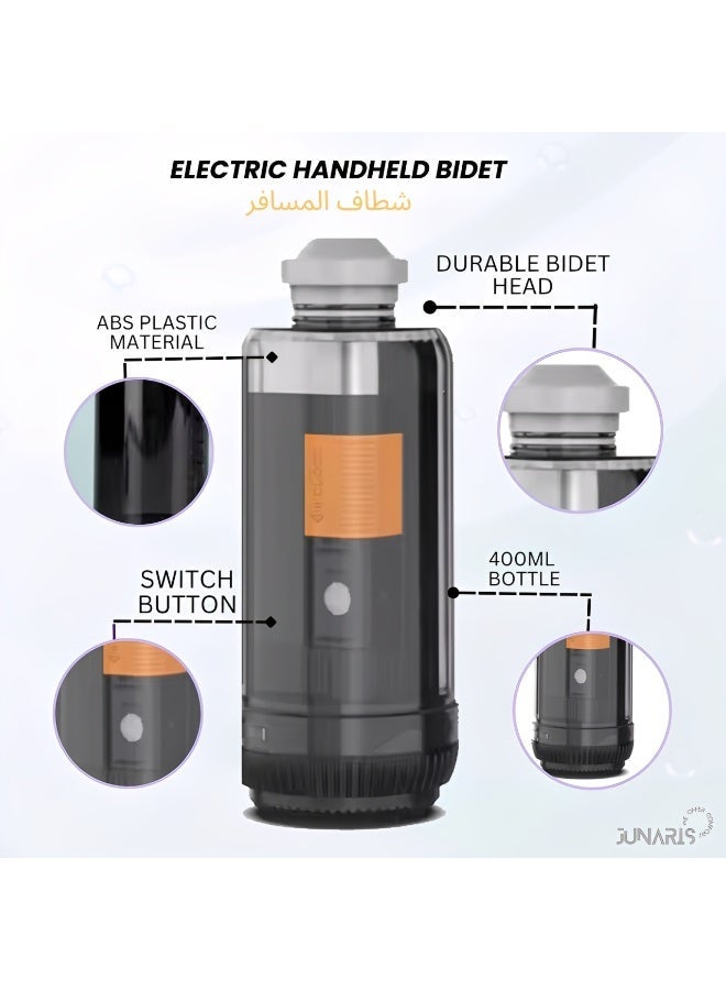 جوناريس بيديه محمول قابل لإعادة الشحن سعة 400 مل | بيديه يدوي للسفر مع وضعين للضغط | بخاخ بيديه كهربائي عالي الجودة للنظافة الشخصية، مثالي للتخييم والسفر والاستخدام الخارجي | بخاخ دش بيديه للسفر والتخييم من شطاف المسافر - Image 5