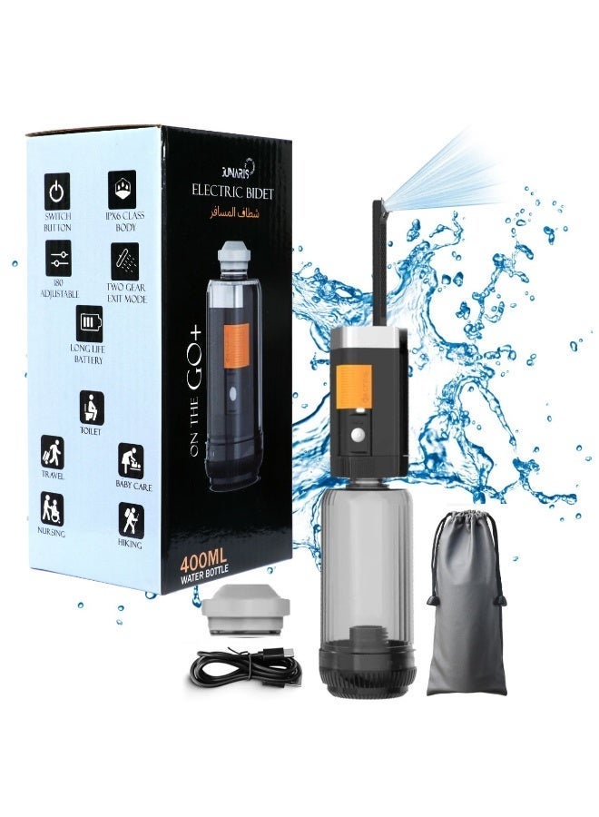 جوناريس بيديه محمول قابل لإعادة الشحن سعة 400 مل | بيديه يدوي للسفر مع وضعين للضغط | بخاخ بيديه كهربائي عالي الجودة للنظافة الشخصية، مثالي للتخييم والسفر والاستخدام الخارجي | بخاخ دش بيديه للسفر والتخييم من شطاف المسافر - Image 1