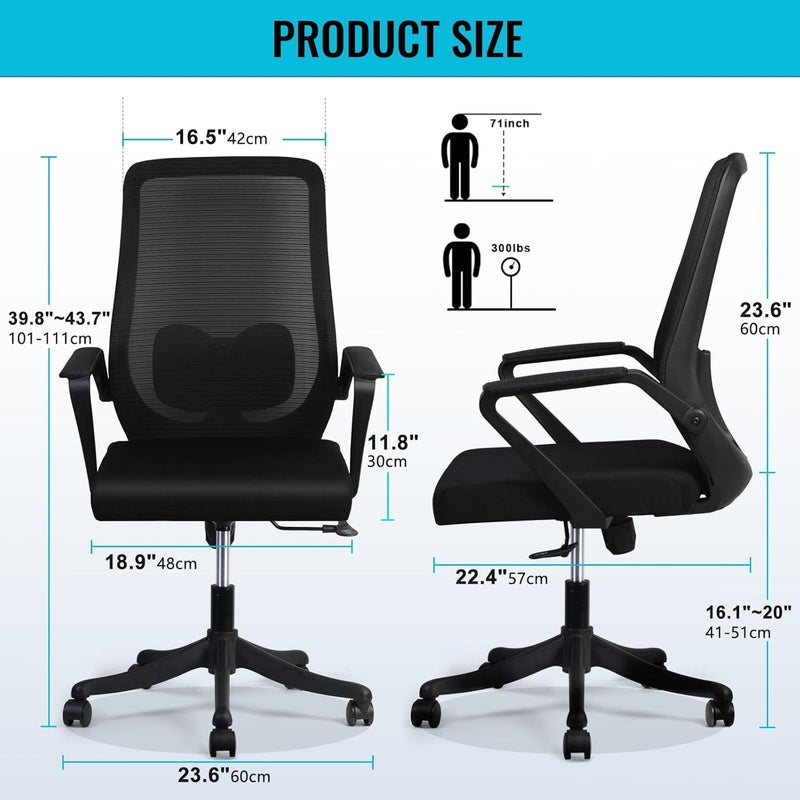 Ergonomic Office Chair,Height Adjustable Gaming Chair with Lumbar Support, Padded Seat Cushion, Desk Chair with Tilt Back, Breathable Mesh High Backrest, Black - 60x57x111cm - Image 3