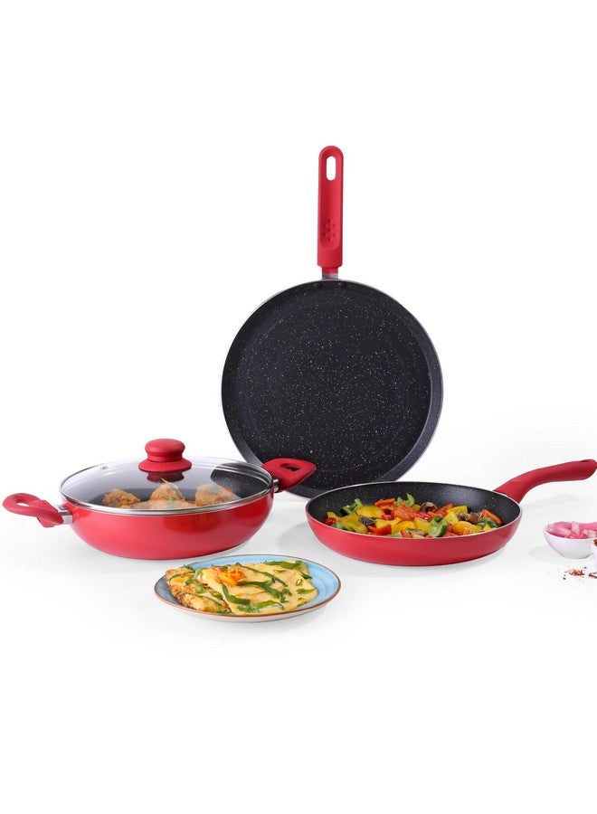 Wonderchef Milano Non-stick Cookware 4 Pc Set | Dosa Tawa, Fry Pan, Kadhai for cutlets, curries, dosas | PFOA Free | Virgin Aluminium | Energy Efficient | Dishwasher Safe | 2-year Warranty | Red&Black - Image 1