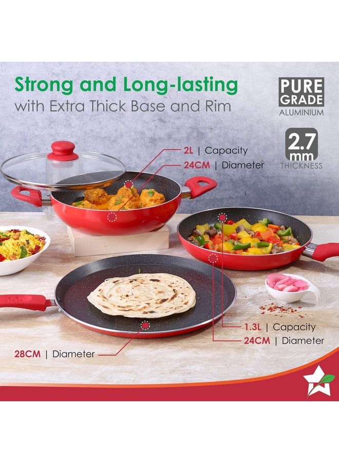 Wonderchef Milano Non-stick Cookware 4 Pc Set | Dosa Tawa, Fry Pan, Kadhai for cutlets, curries, dosas | PFOA Free | Virgin Aluminium | Energy Efficient | Dishwasher Safe | 2-year Warranty | Red&Black - Image 2