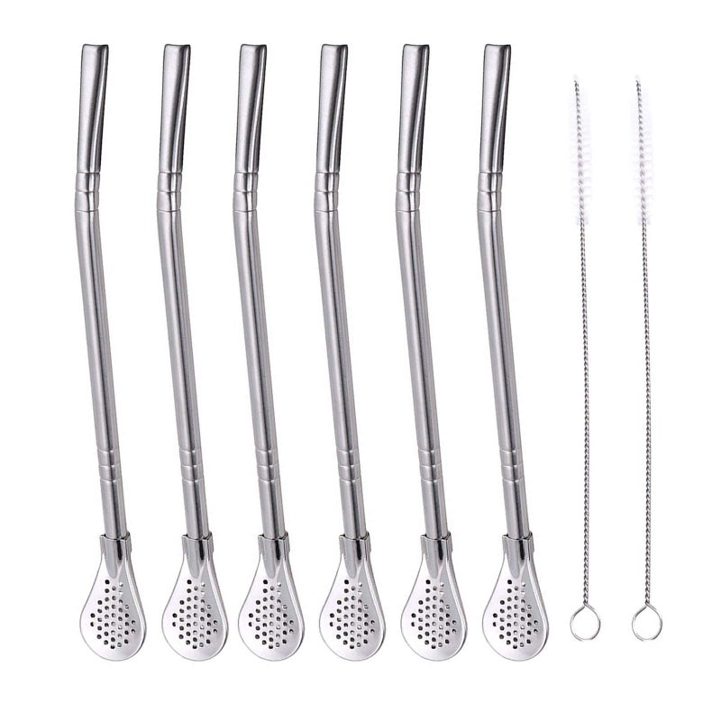 FRUTA 6 PCS Stainless Steel Yerba Mate Tea Bombilla Straws with Filter Spoon and 2 PCS Cleaning Brushes, Removable Filtered Spoons Drinking Straw, 18.5CM/7.28inch - Image 1