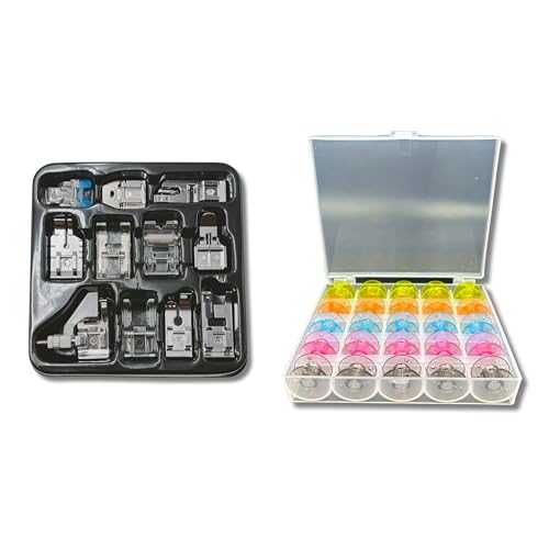 ZENITH 11 Pcs Sewing Machine Presser Feet Accessories Kit, Compatible with Brother, Usha Janome, Singer Low Shank, Multiple Stitch Functions (11 pc Kit + 25 Multicolor Bobbin Box) - Image 1