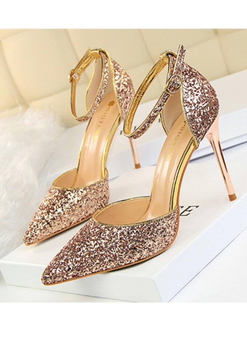 BIGTREE 9.5cm European Style Thin Heels High Heels Shallow Mouth Pointed Hollow Sequin One-Line Sandals For Women Pink