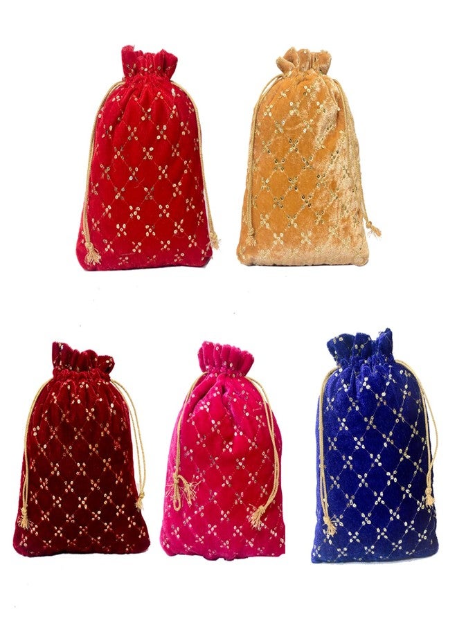 Dulhan Royal Potli Bags for Ladies| Velvet Potli Bag Set of 5 for Women | Multicolor Drawstring Potli Pouches Embroidery | Wedding Return Gift, Festive & Party | Ethnic Purse Batwa Bags |5x7 Small - Image 1