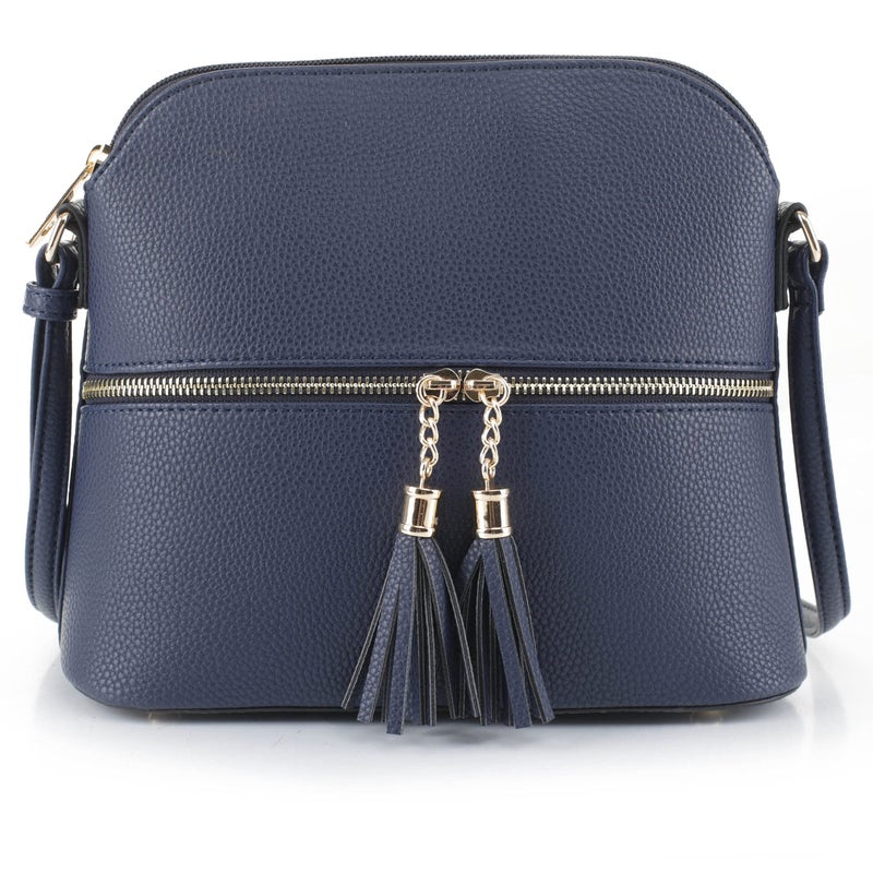 SG SUGU Lunar Lightweight Medium Dome Crossbody Bag Shoulder Bag with Double Tassels | Zipper Pocket | Adjustable Strap|Navy - Image 4