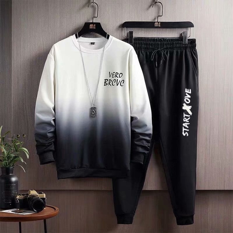 Mens Pullover Sweater suit Gradient Round Neck Teenager Ins Student plus size Long Sleeve T-Shirt Base Shirt Spring and Autumn Yassendai T01VE Sweatshirt suit White