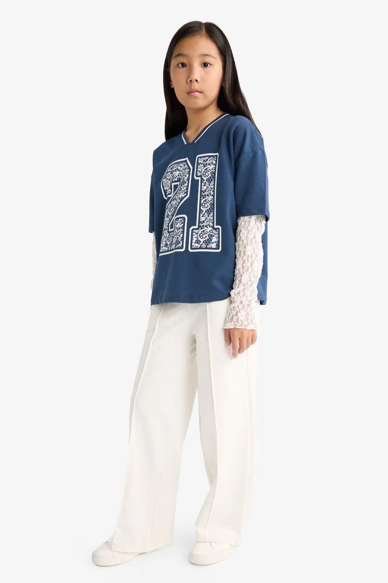 ديفاكتو Girl Lace Detailed Long 2 Piece T-Shirt Sweatpants