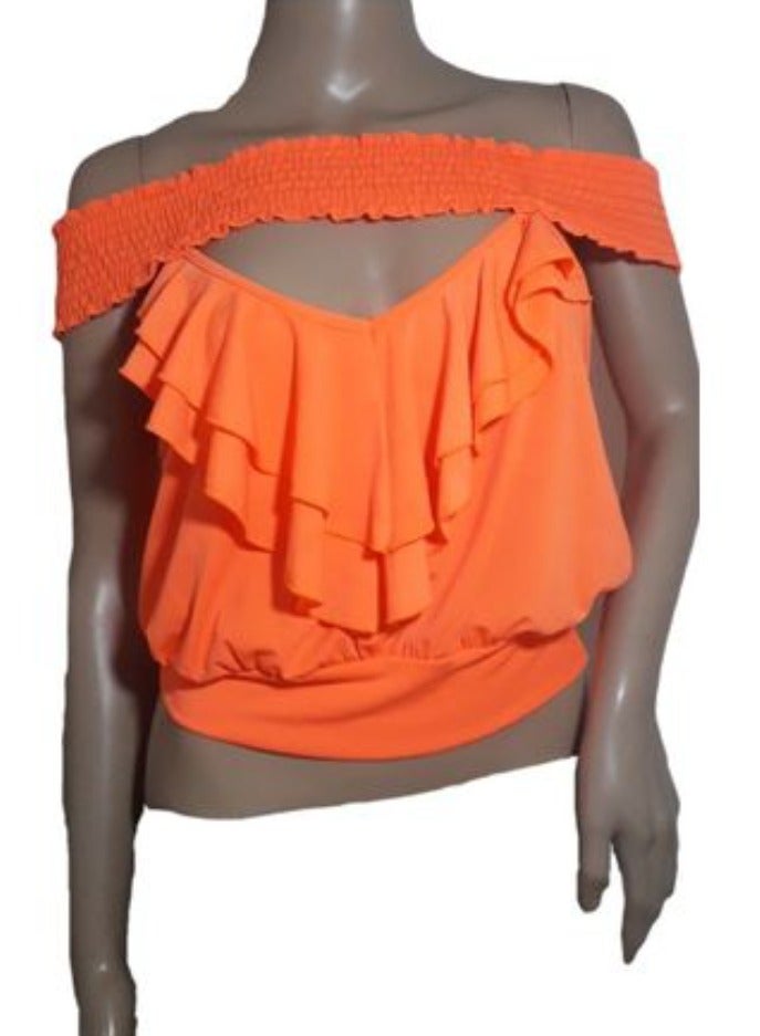 Women neon orange lycra summer top off shoulder 