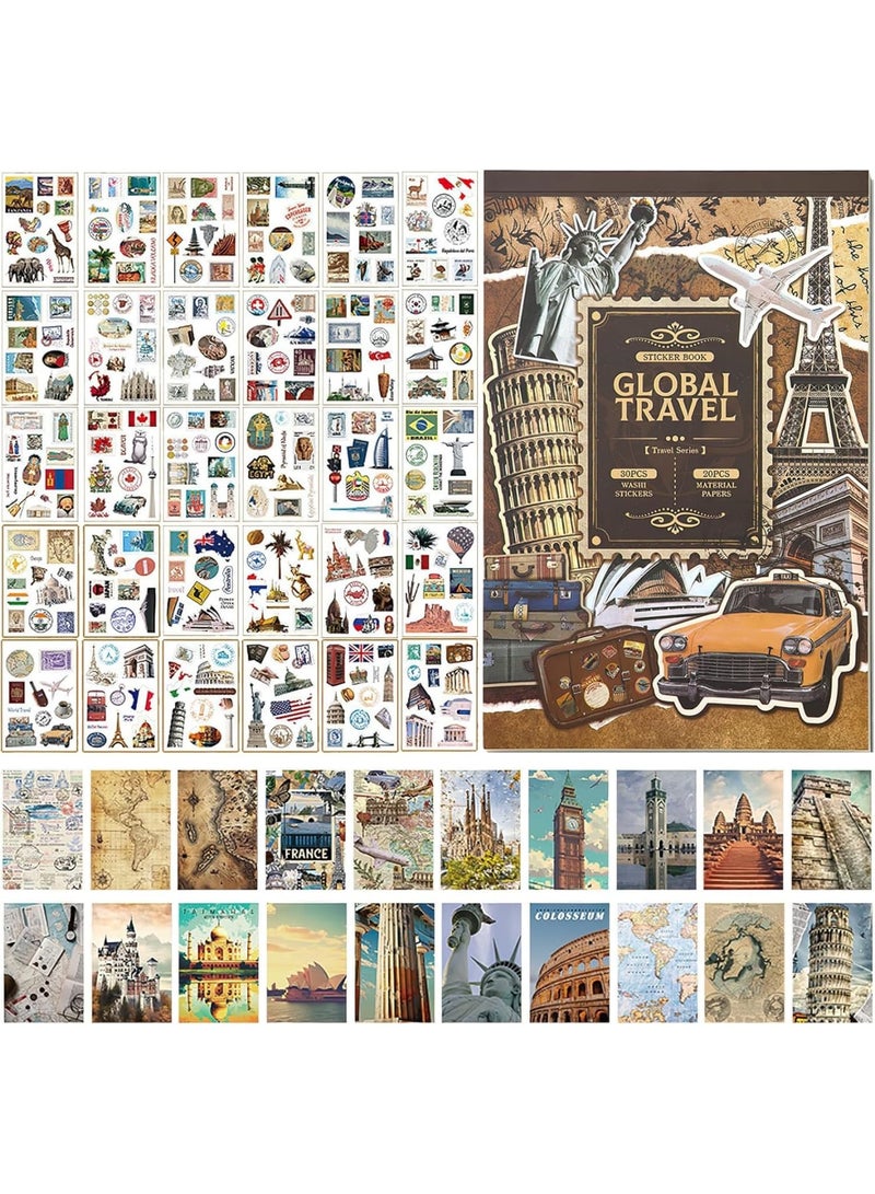 SYOSI Travel Scrapbook Kit, Aesthetic Travel Sticker Pack, Pre-Cut Washi Tape Stickers & 20 Decorative Papers for Journaling, World-Themed Ephemera for Notebook, Albums, Phone Case & DIY Cards (300-Piece) - Image 1