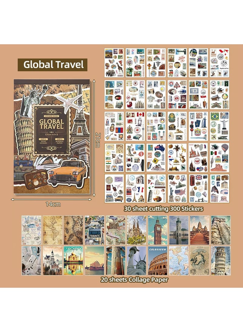SYOSI Travel Scrapbook Kit, Aesthetic Travel Sticker Pack, Pre-Cut Washi Tape Stickers & 20 Decorative Papers for Journaling, World-Themed Ephemera for Notebook, Albums, Phone Case & DIY Cards (300-Piece) - Image 2