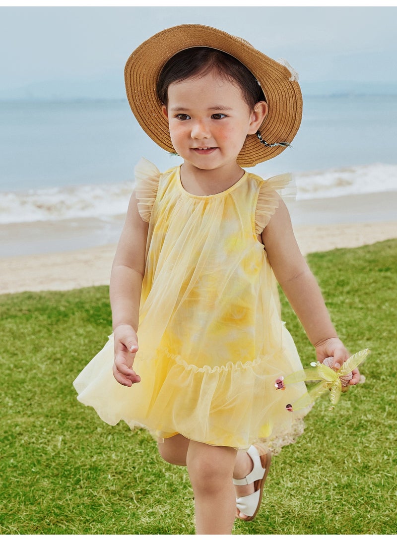 mini bala Girls Delightful Flutter Sleeve Dress, Soft Breathable Tulle Fabric, Ruffled Trims, Tiered Skirt Design, Round Neckline, Perfect for Beach Trips, Picnics and Summer Outings Children's Dress - Image 1