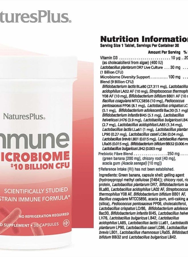 Nature's Plus NaturesPlus Immune Probiotic - 30 Capsules - 10 Billion CFU - Respiratory & Gut Health, Immune Support - with Prebiotic Fiber - Non-GMO, Vegan, Gluten Free - 30 Servings - Image 2