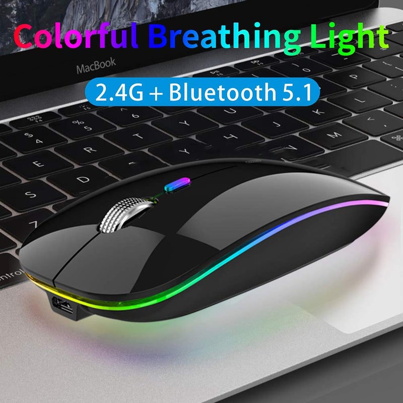TENMOS Wireless Bluetooth Mouse, LED Slim (Bluetooth 5.1 + USB) 2.4GHz Rechargeable Silent Bluetooth Wireless Mouse with Type C Adapter for Laptop/MacBook/iPad OS 13 and Above (Black) - Image 2