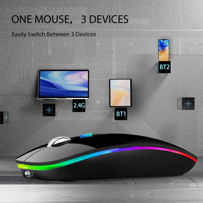 TENMOS Wireless Bluetooth Mouse, LED Slim (Bluetooth 5.1 + USB) 2.4GHz Rechargeable Silent Bluetooth Wireless Mouse with Type C Adapter for Laptop/MacBook/iPad OS 13 and Above (Black) - Image 3
