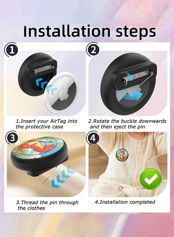 حقيبة حامل لأجهزة Air Tags - عبوة مكونة من قطعتين مع تصميم كرتوني لطيف، حامل سيليكون مع دبابيس أمان، مضادة للفقدان للأطفال، الملابس، والحقائب. - Image 3