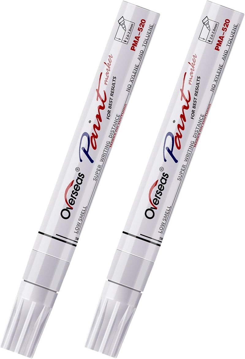 Overseas Permanent Paint Pens White Markers - 2 Pack Single color Oil Based Paint Markers, Medium Tip, Quick Drying and Waterproof Marker Pen for Metal, Rock, Wood, Plastic, Canvas, Rubber, Glass - Image 1