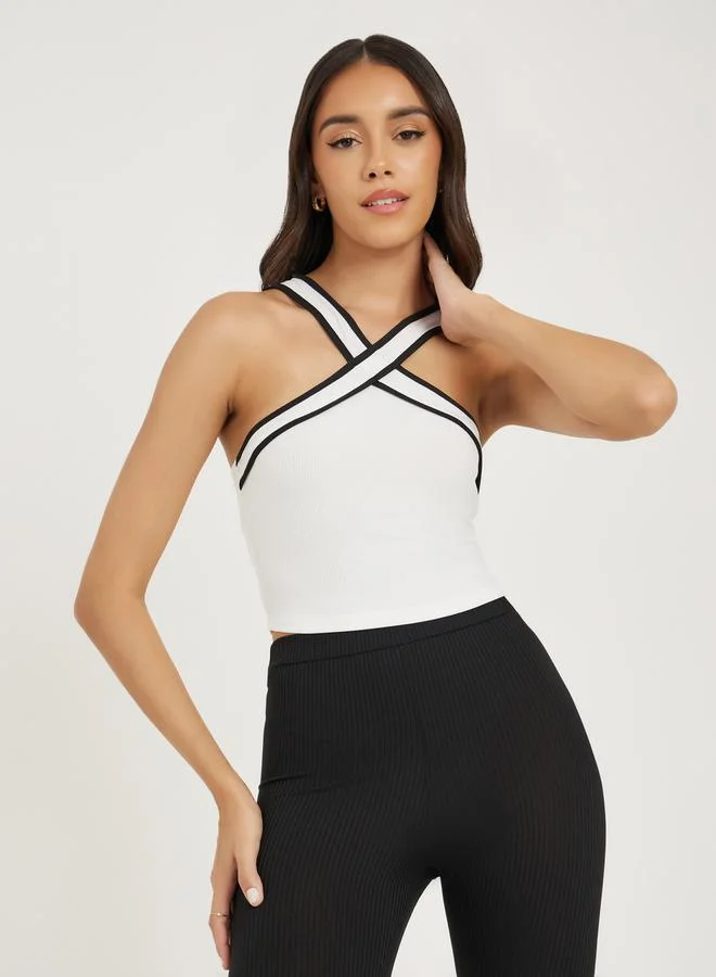 Take Two Ribbed Crisscross Halter Neck Crop Cami