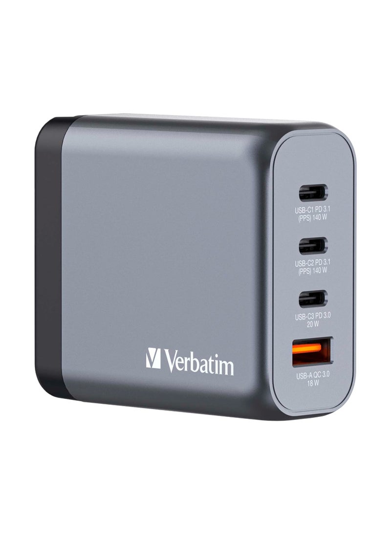 Verbatim GaN 140W Power Adapter - 4 Ports (3 USB-C, 1 USB-A) Fast Charger for Apple MacBook, Notebook, iPad, iPhone