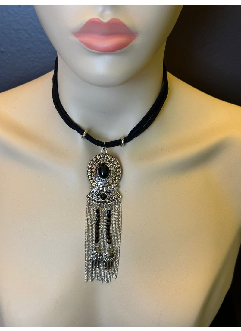 Gönülden Tasarım Heart Design Black Stone Chain Tassel Design Women's Necklace Length 15 cm  - Image 2