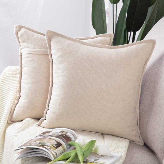 SET OF 2 SHORT CHENILLE THROW PILLOW COVERS 18X18 INCH BEIGE SOFT DECORATIVE CUSHION COVER FOR SOFA BEDROOM PILLOW SHELL
