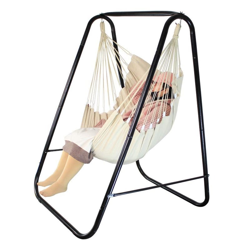 PIRNY Hammock Chair Stand with Large Hanging Padded Indoor Swing,Easy to Assemble Sturdy Hammock Chair with Stand,MAX Capacity up to 500 LBS,Heavy-Duty Steel Hammock Stand for Indoor Outdoor(White) - Image 1