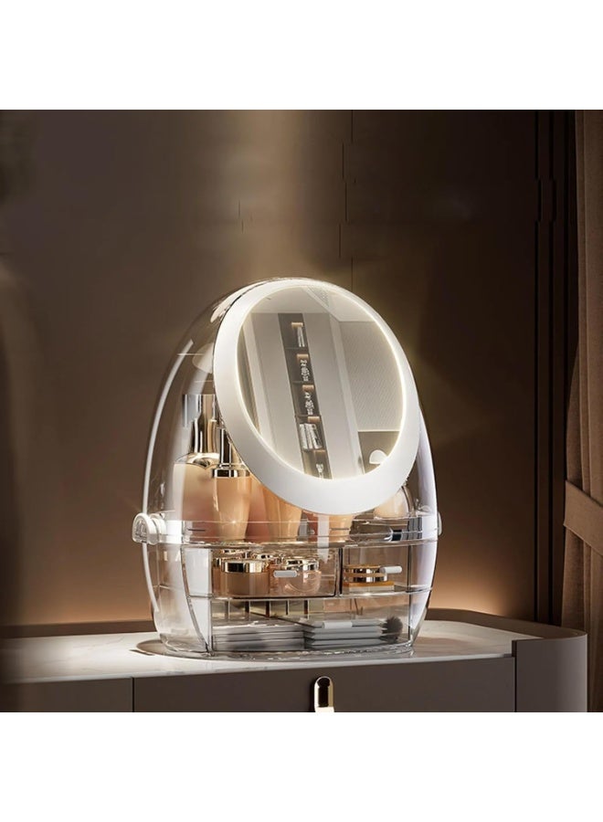 منظم مكياج مع مرآة بإضاءة LED - صندوق تخزين مستحضرات تجميل شفاف مقاوم للغبار مع درجتين للعناية بالبشرة والمكياج والإكسسوارات على طاولة الزينة - Image 2