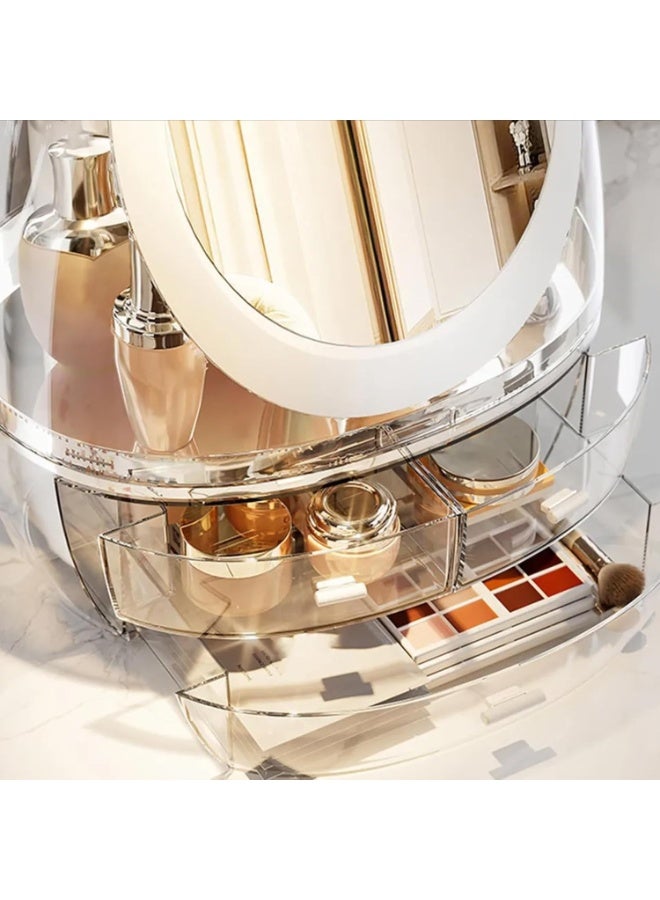 منظم مكياج مع مرآة بإضاءة LED - صندوق تخزين مستحضرات تجميل شفاف مقاوم للغبار مع درجتين للعناية بالبشرة والمكياج والإكسسوارات على طاولة الزينة - Image 3