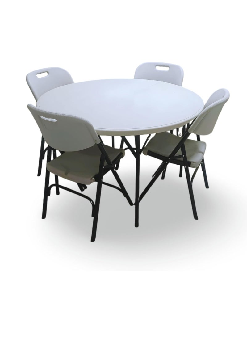 Folding Table and Chair Set, 5 Pieces, Round Table 120 cm, 4 Light Gray Chairs - For Indoor and Outdoor Use - Image 1