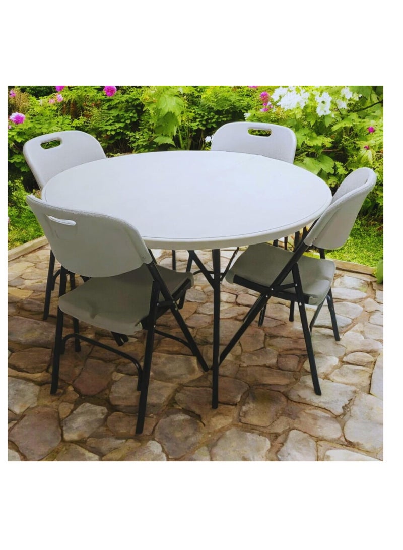 Folding Table and Chair Set, 5 Pieces, Round Table 120 cm, 4 Light Gray Chairs - For Indoor and Outdoor Use - Image 4