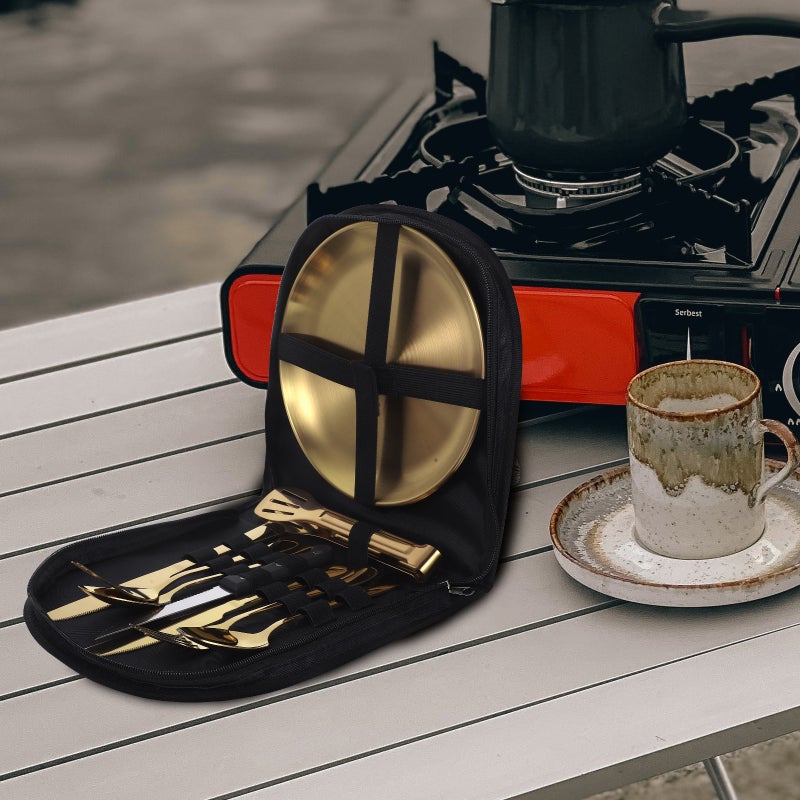 1 Set Stainless Steel Camp Tablewares Metal Flatware Metal Silverware with Storage Bag - Image 4