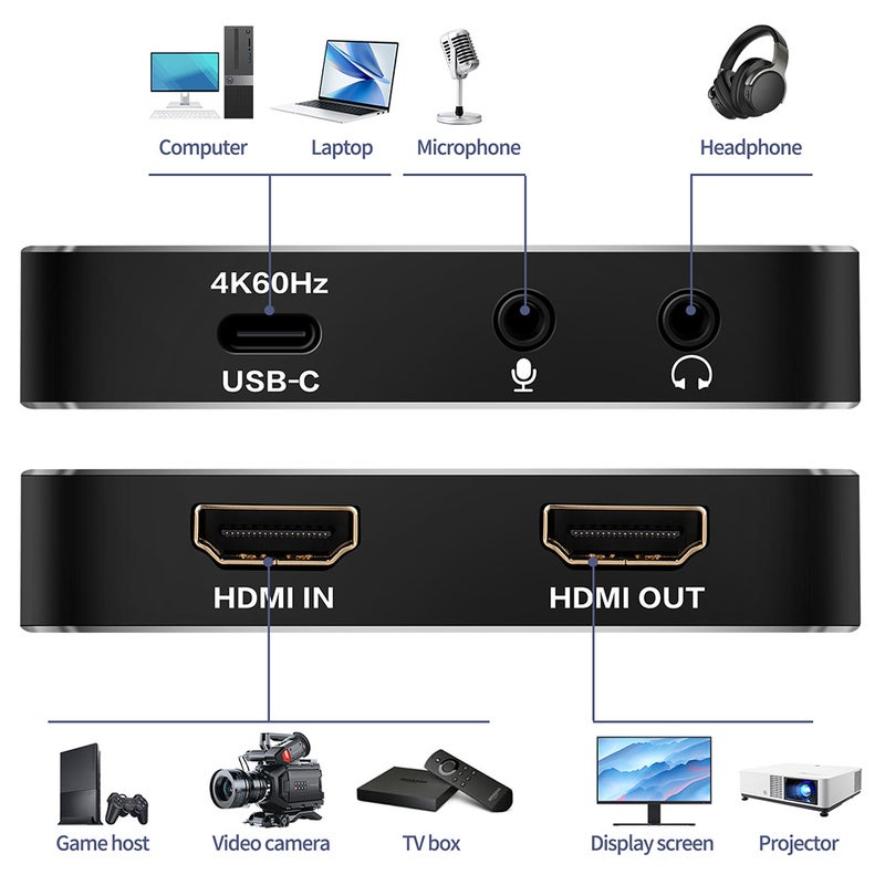 بطاقة التقاط الفيديو المتوافقة مع HDMI 4K USB 3.2 4K60Hz بدور تأخير منخفض، قابلة للالتقاط والاستخدام، جهاز تسجيل وتدفق ألواني بدخول/مخراج 4Kp60 - Image 2